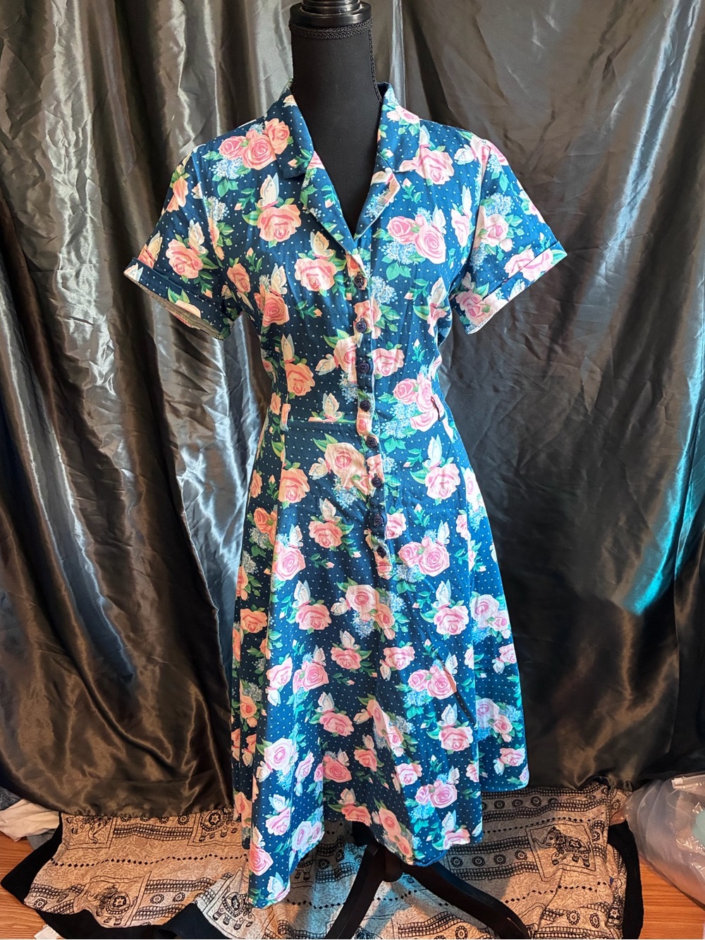 Collector Vintage London Blue W/ Pink Roses Fit & Flare Shirt Dress Pinup US 10